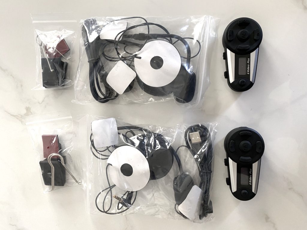 all the items in the package for the Fodsports V6 Plus Bluetooth Headset intercom