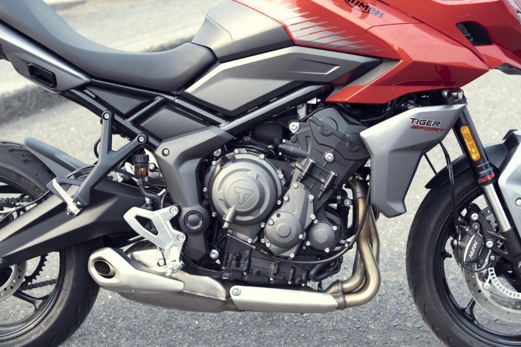 2022 Triumph Tiger Sport 660 engine and exhaust close up