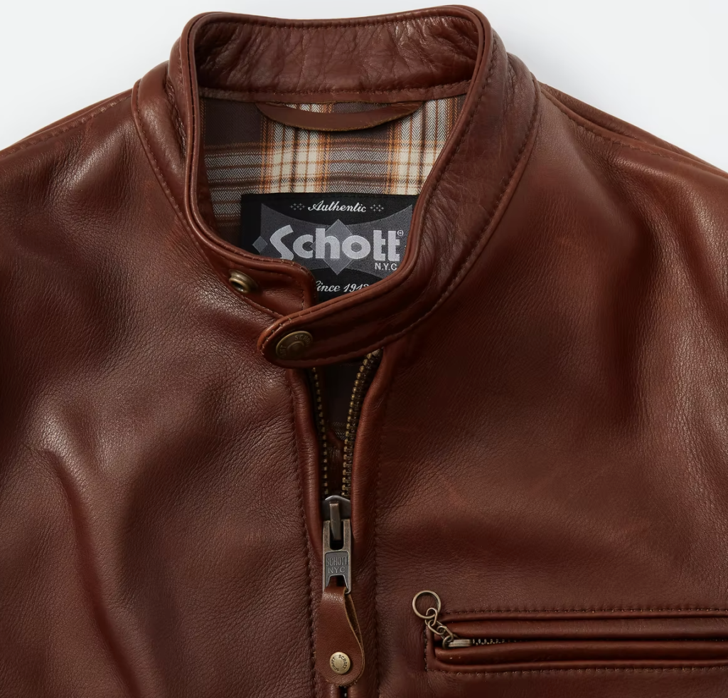 Schott Waxed Natural Pebbled Cowhide Cafe Leather Jacket