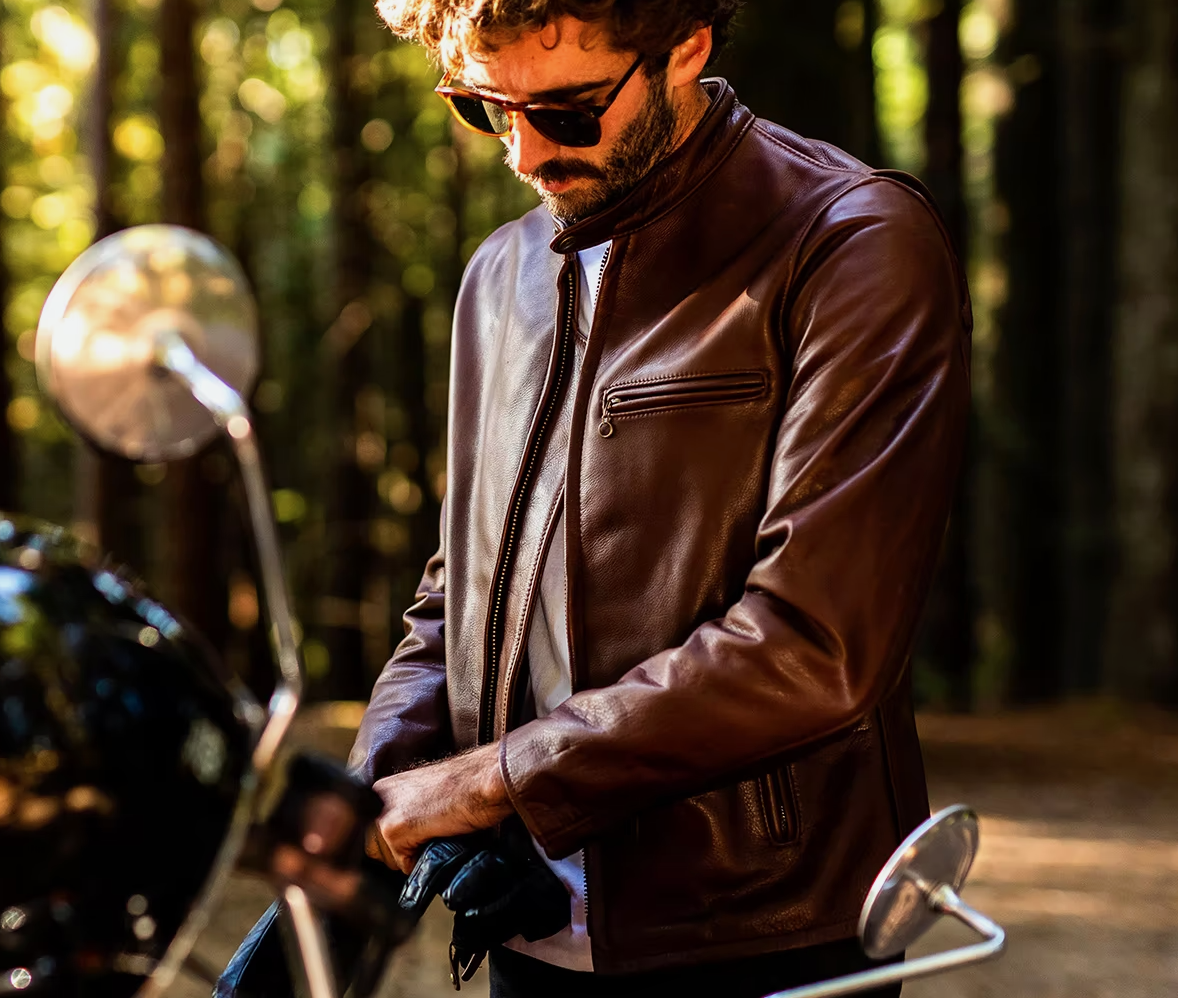 Schott Waxed Natural Pebbled Cowhide Cafe Leather Jacket