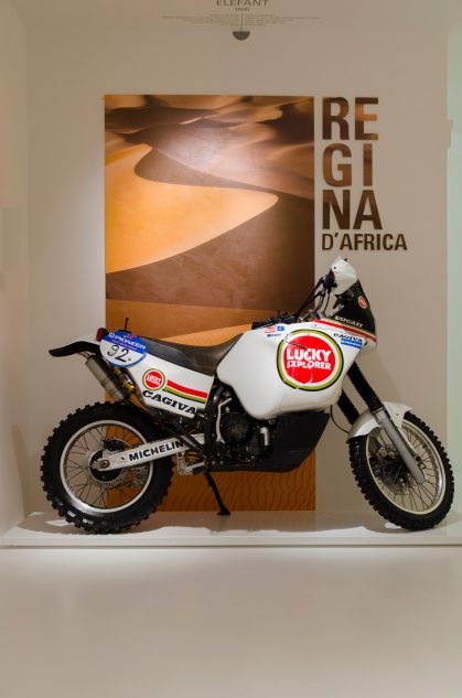 MV Agusta adventure motorcycle teaser with Lucky Explorer and Cagiva badging.