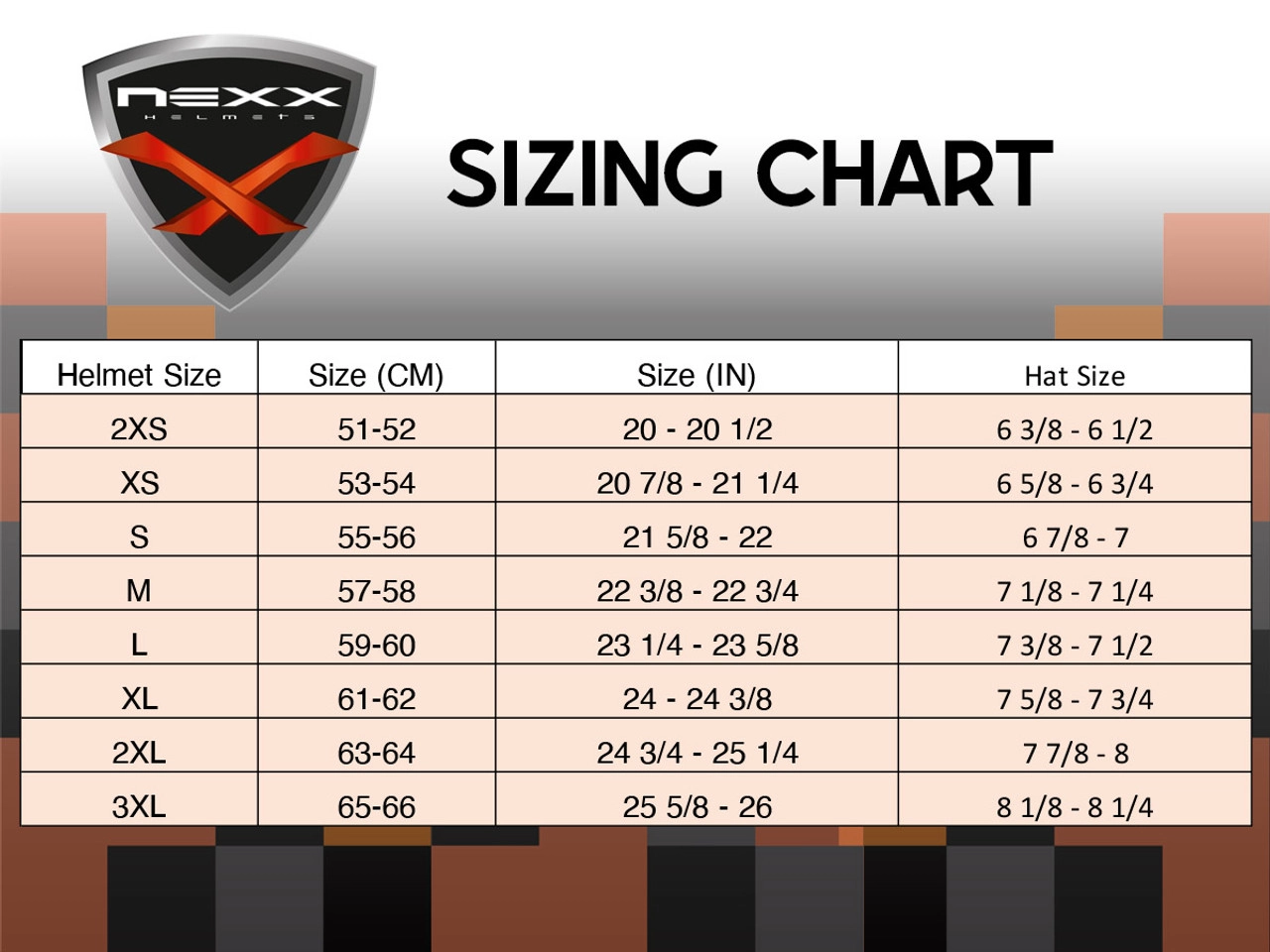 Nexx XG20 Groovy SV Helmet - sizing chart