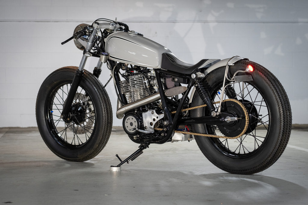 Yamaha SR400 Cafe Racer by Purpose Built Moto side view of the custom motorcycle. 