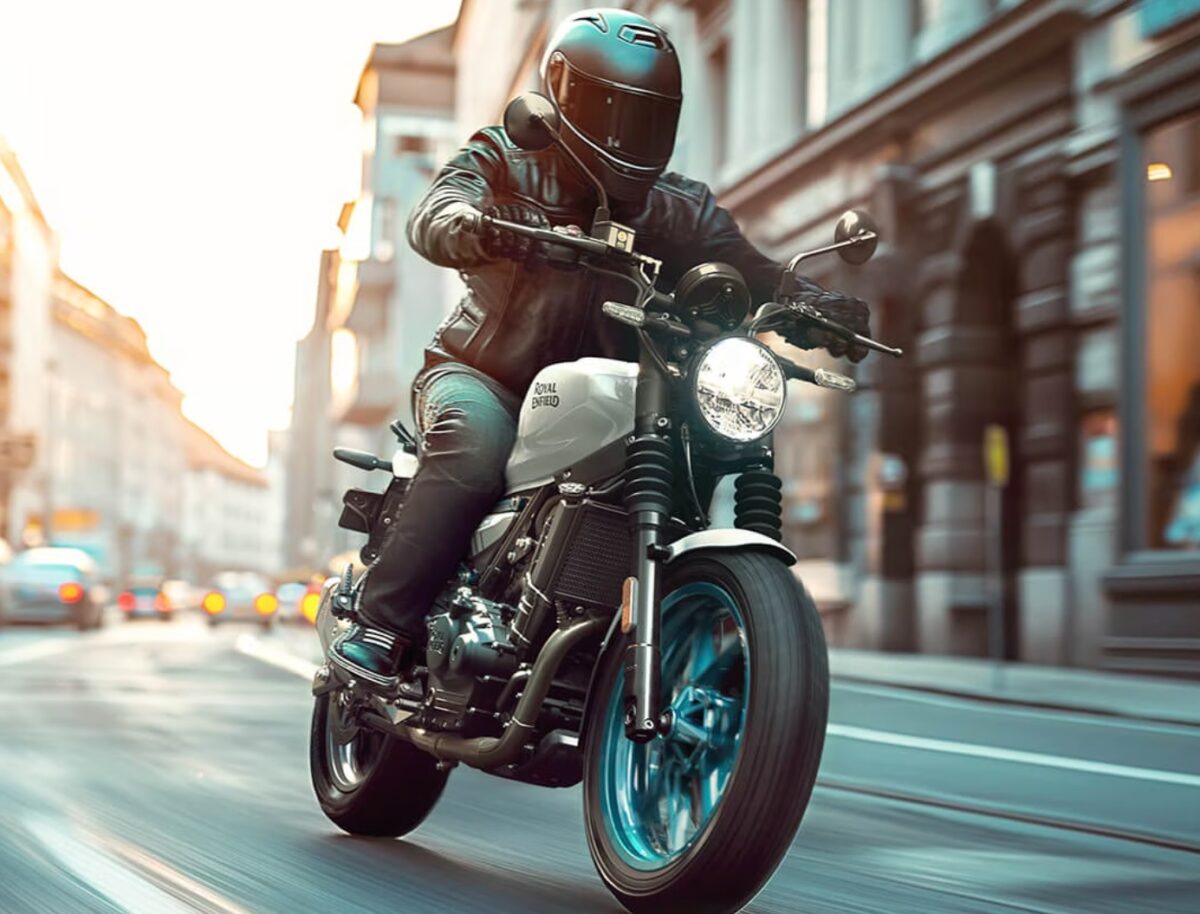 Royal Enfield Guerrilla 450 riding in a busy city