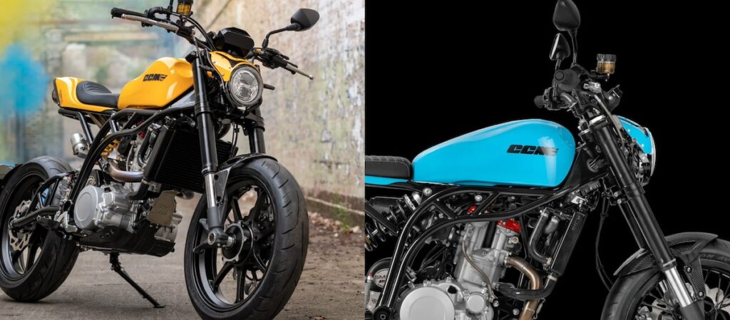 Two CCM Street Moto motorcycles. One in yellow and one in blue.
