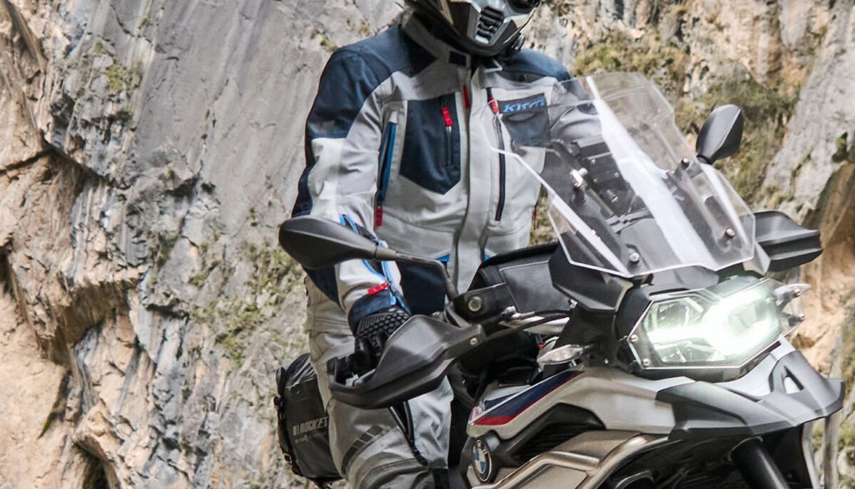 Waterproof motorcycle jackets on a motorcyclist.