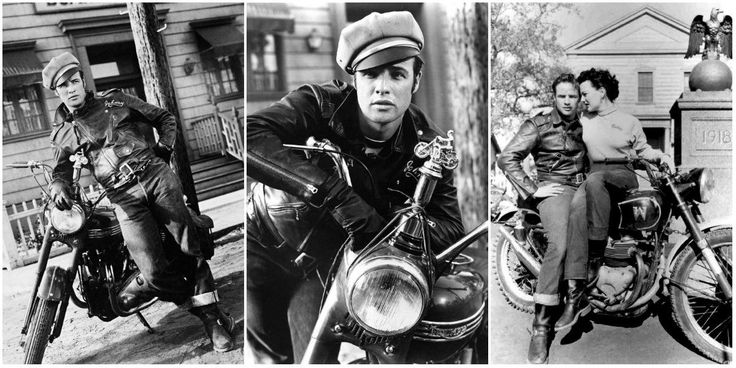 A collage of different pictures of Marlon Brando on the Triumph Thunderbird 6T on the set of The Wild One.