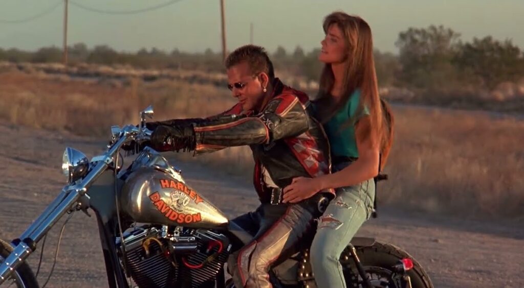 Mickey Rourke on his motorcycle he rides in  Harley-Davidson and the Marlboro Man