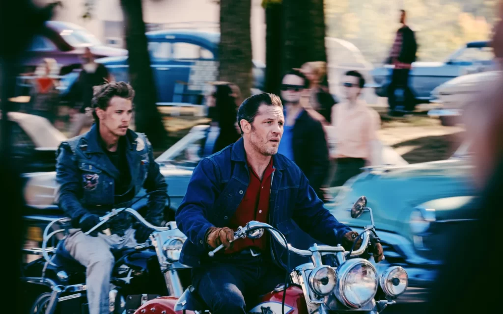 Characters from the movie The Bikeriders on their motorcycles