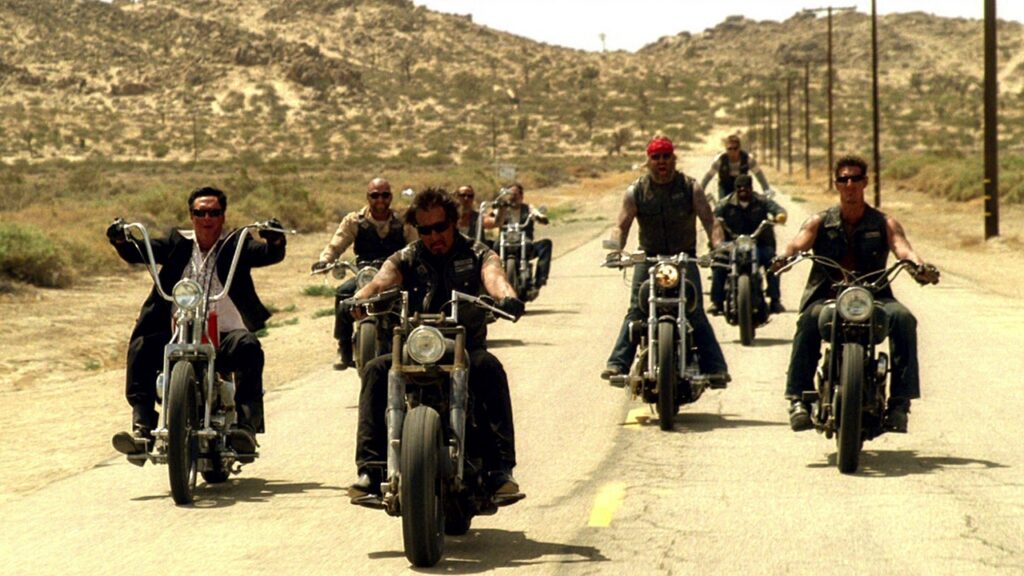 A group of motorcycles from a scene in the movie Hell Ride. 