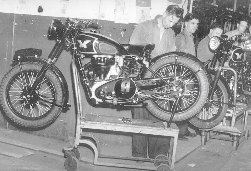 An early Matchless motorcycle in the factory. 