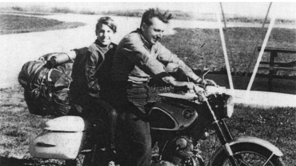 Robert Pirsig and his son on his Honda motorcycle. 