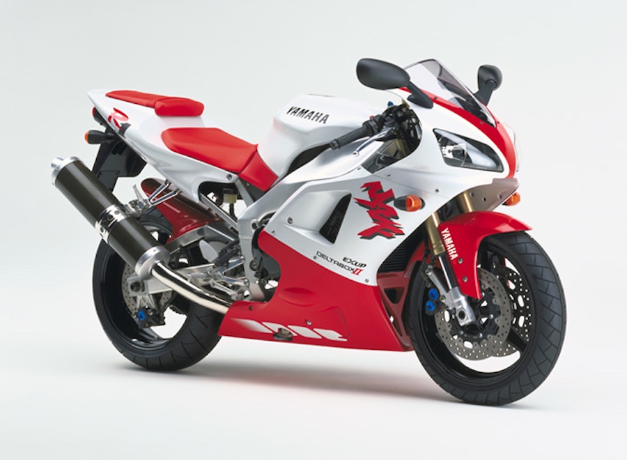 1998 Yamaha YZF-R1 motorcycle on a white background. 