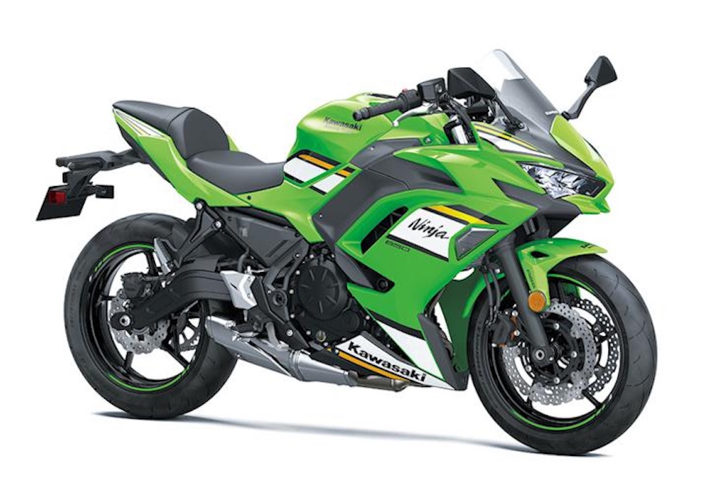 The Kawasaki Ninja 650 middleweight motorcycle on a white background.