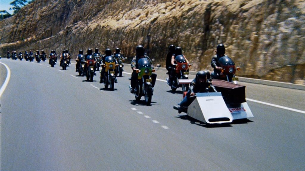 A scene in the movie Stone featuring many of the motorcycles in the film.