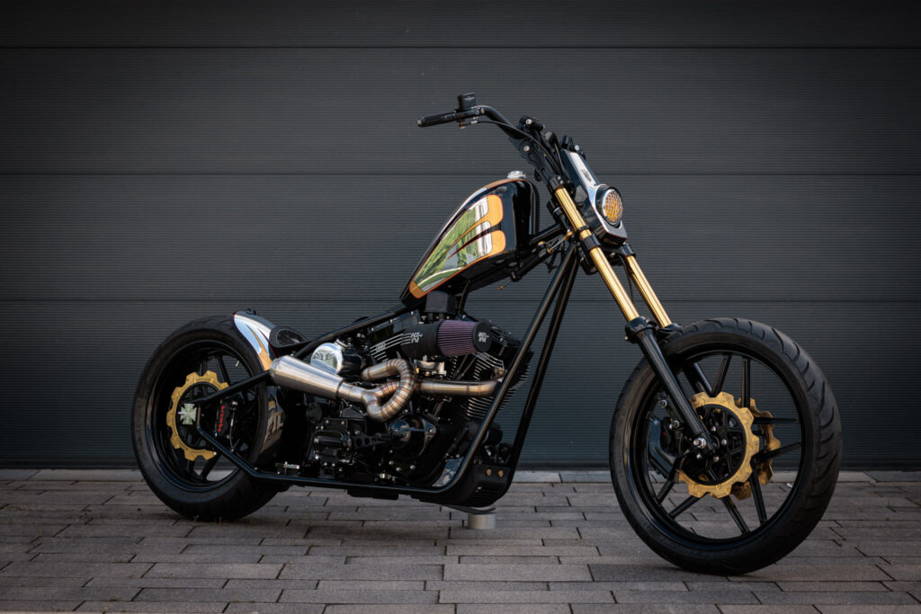 The Stauffenberg custom chopper by MB Cycles front three quarter view