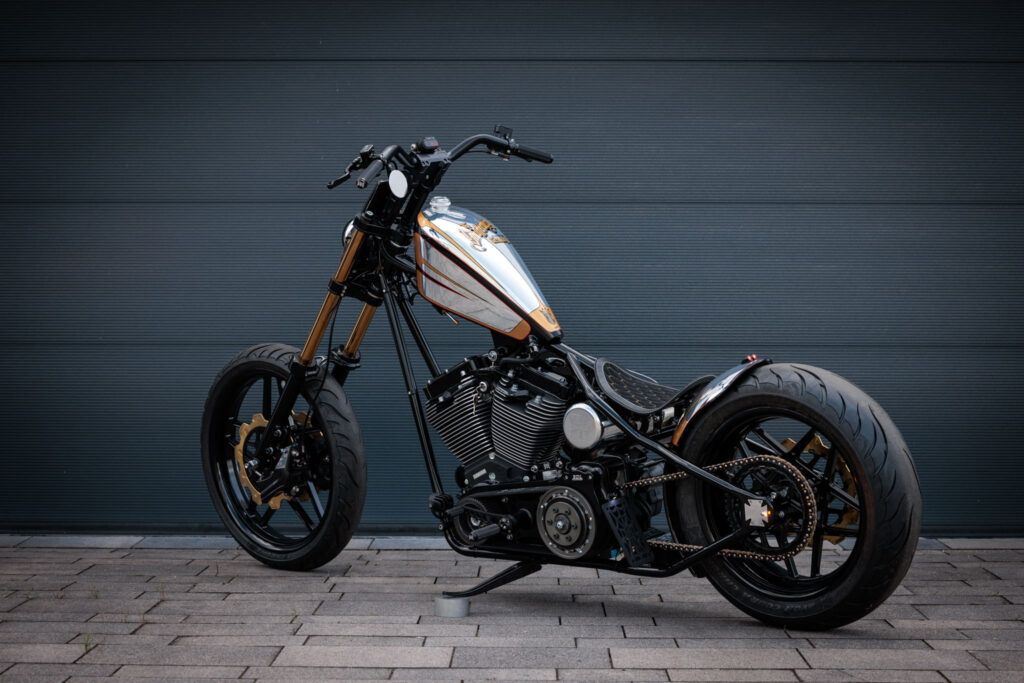 The Stauffenberg custom chopper by MB Cycles rear three quarter view