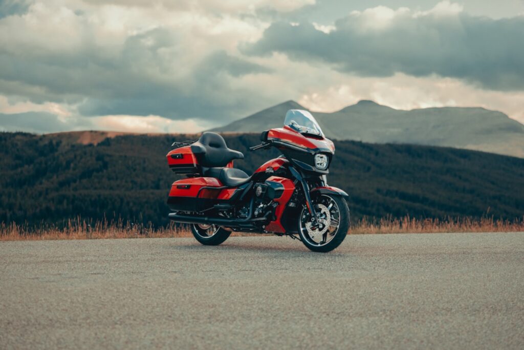 The 2025 Harley-Davidson Street Glide Ultra parked with mountains in the background
