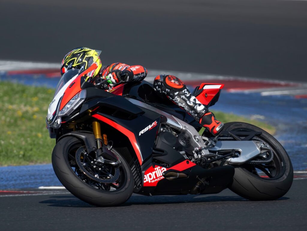 The Aprilia RSV4 on the racetrack.