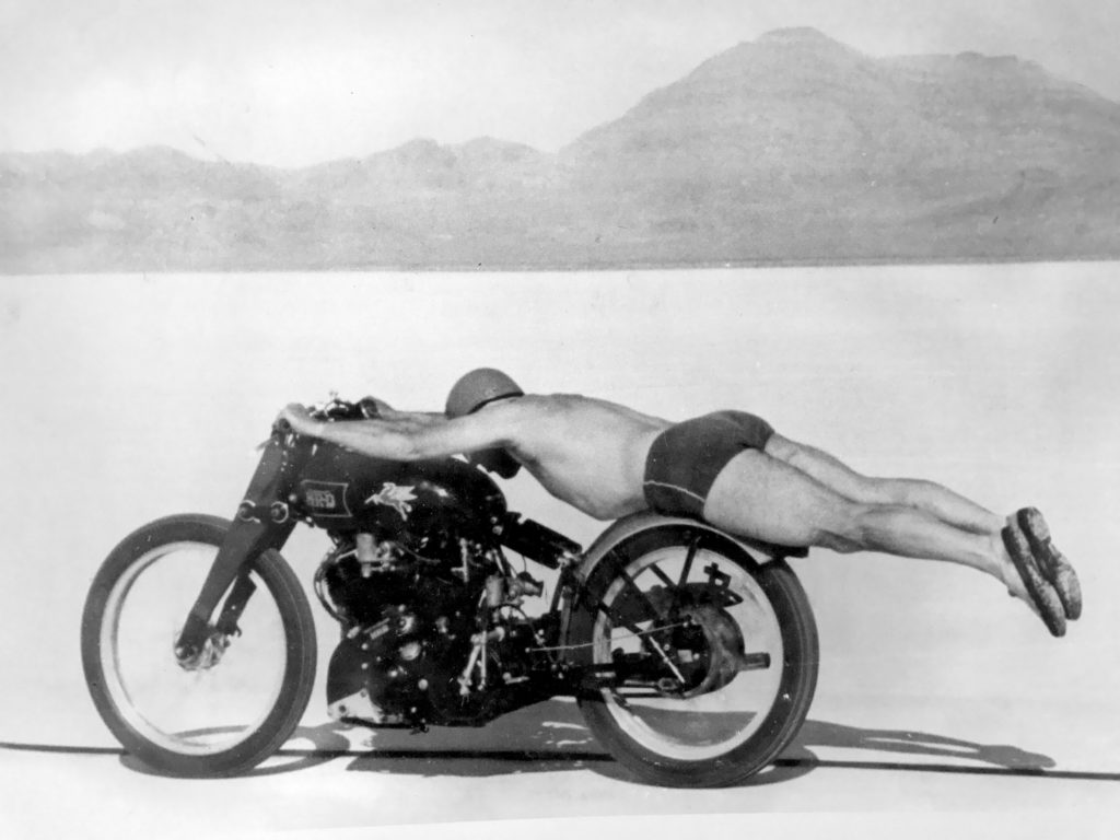 Rollie Free doing 150mph on a Vincent Black Shadow in 1948.
