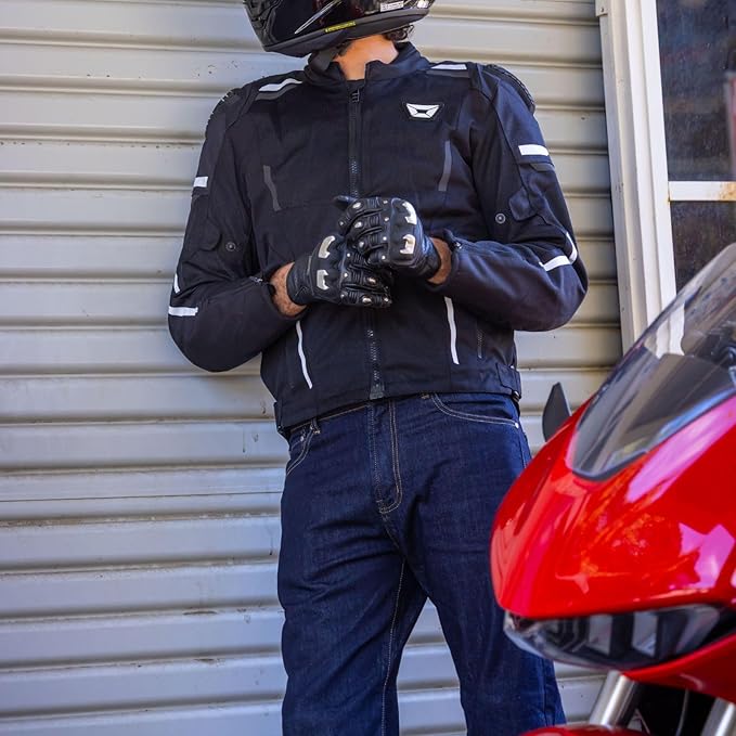 A motorcyclist wearing Cortech AA Dyneema Riding Jeans
