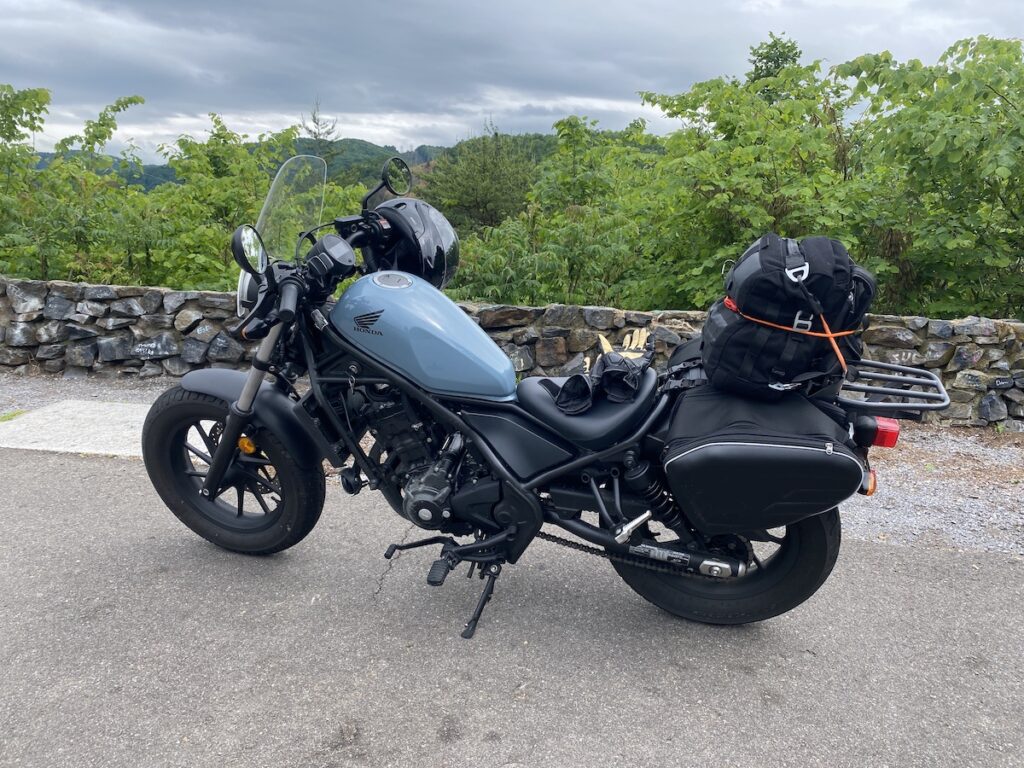Honda Rebel 300 parked at a scenic outlook along the tail of the dragon