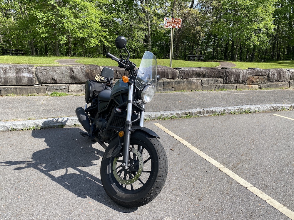 Honda Rebel 300 parked on the Cherohala Skyway