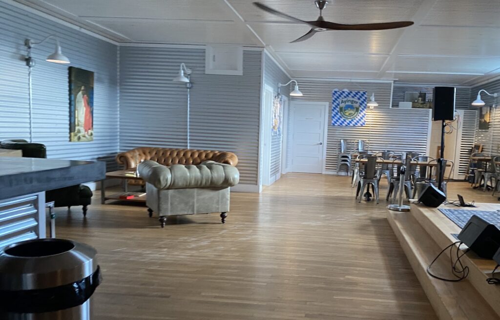 The stage and comfy seating at Kin Cafe in Robbinsville North Carolina