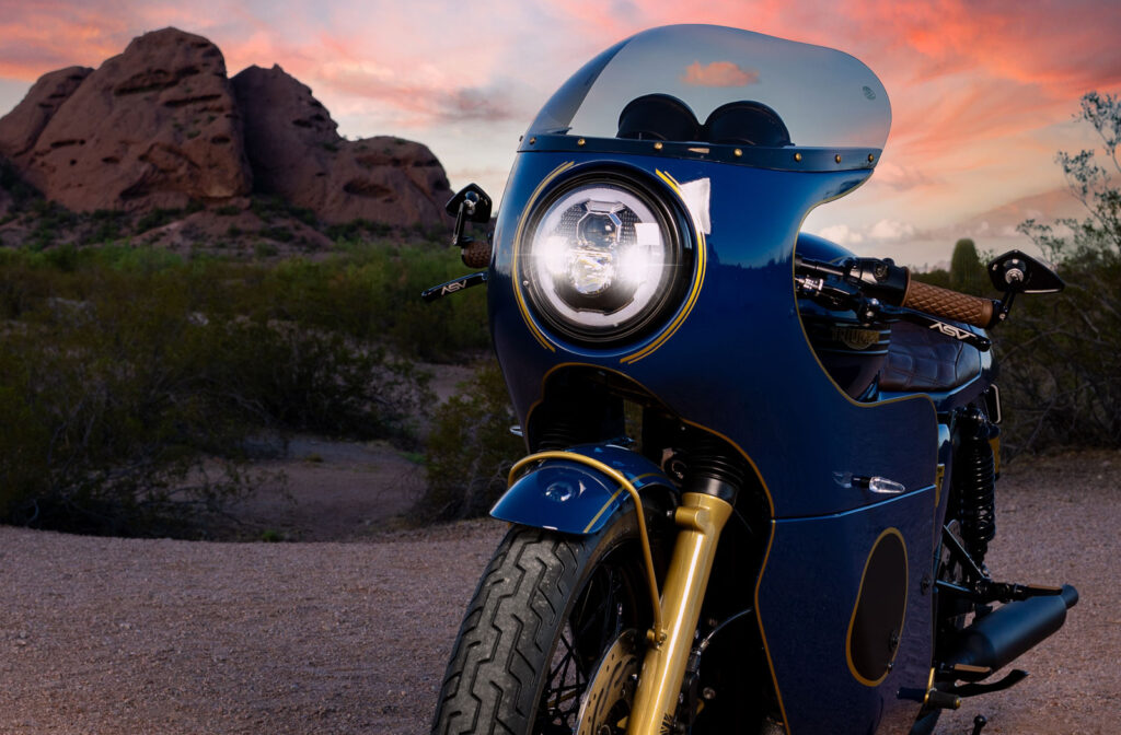 The front of the Custom Triumph Bonneville T100 Cafe Racer by MB Design Concepts