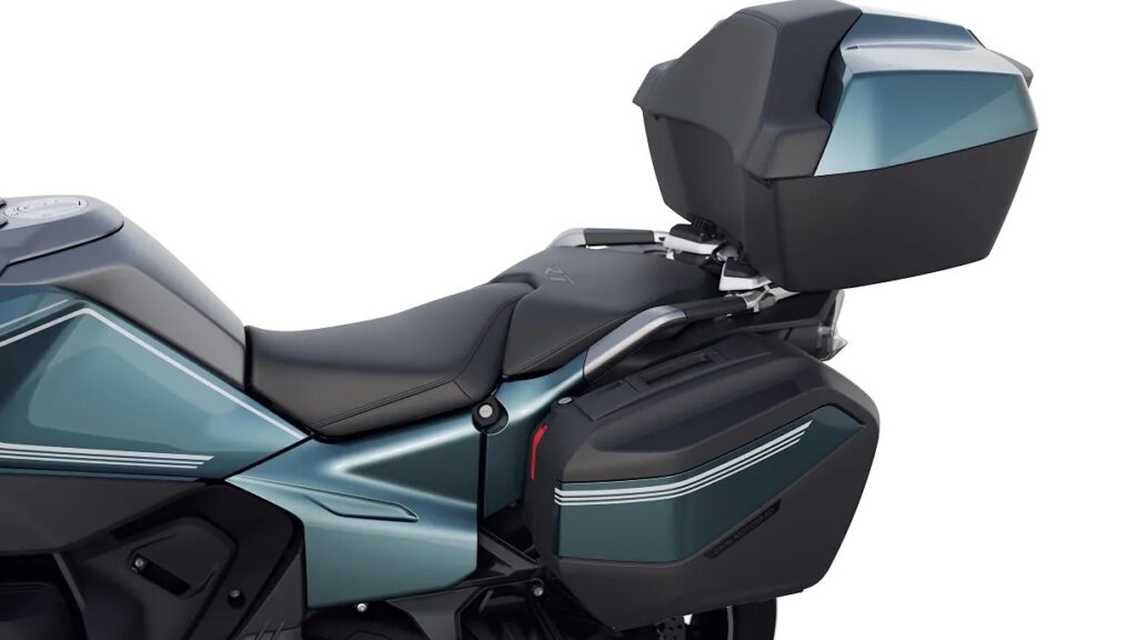 2026 BMW R 1300 RT details of the seat and luggage rack and the rear of the bike