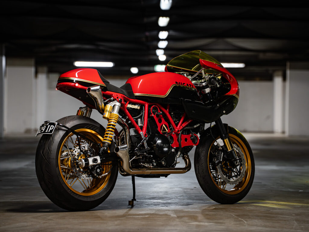 rear 3/4 view of the Custom Ducati Sport Classic by Purpose Built Moto