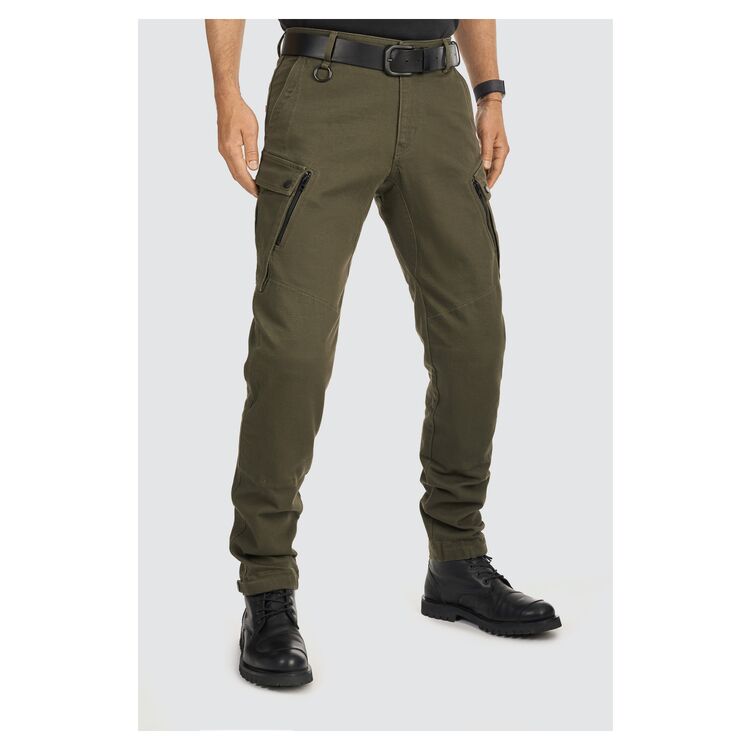 the front of the Pando Moto Mark AAA Jeans in olive color