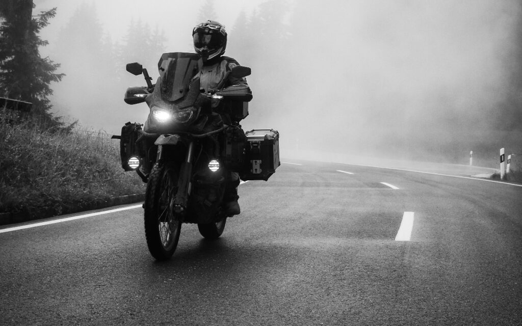 A motorcycle equipped with hard saddlebags.