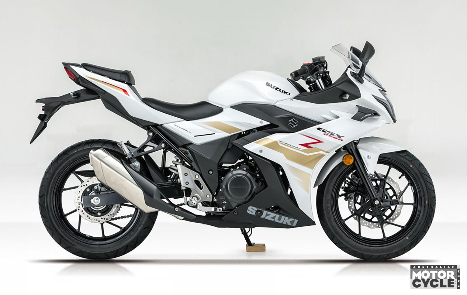 Close-up type-approval photo of the 2027 Suzuki GSX250R showing the redesigned exhaust and engine