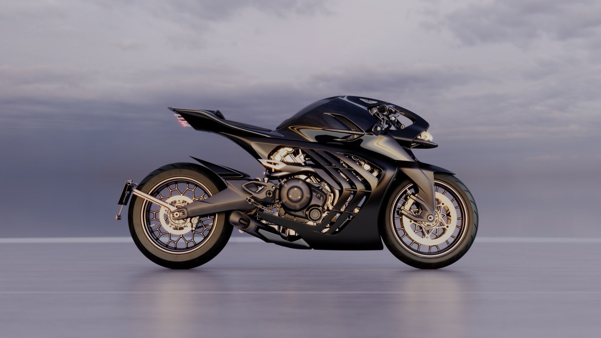 Aston Martin and Brough Superior AMB 002 Roadster shown in profile with carbon fiber bodywork and dual-oval exhaust