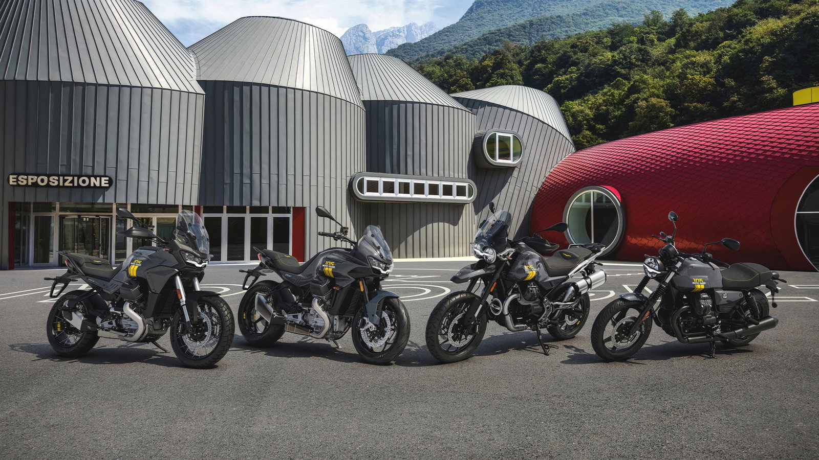 Moto Guzzi 105th Anniversary edition range including the Stelvio, V100 Mandello, V85 Strada, and V7 Stone
