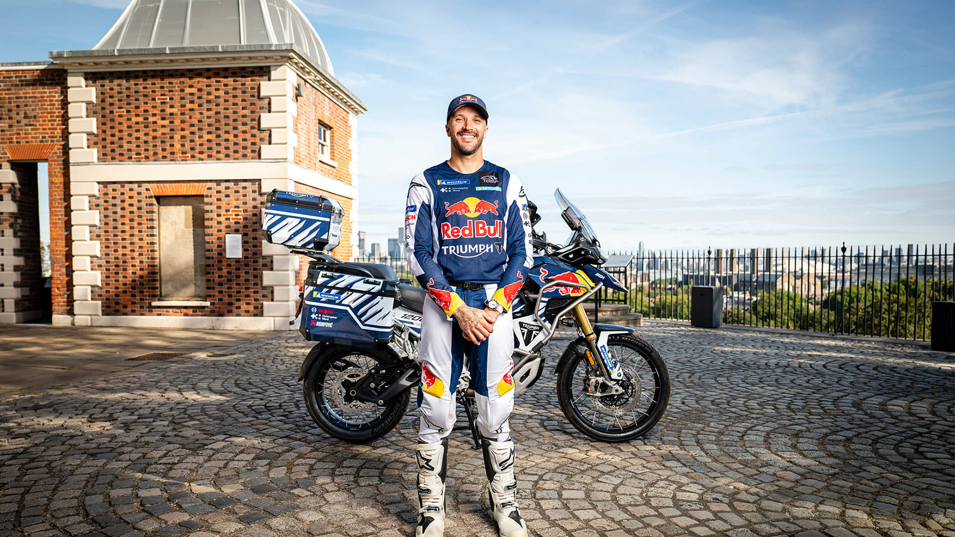 Sam Sunderland departing London on the next-generation Triumph Tiger 1200 Rally Explorer for his world record circumnavigation attempt
