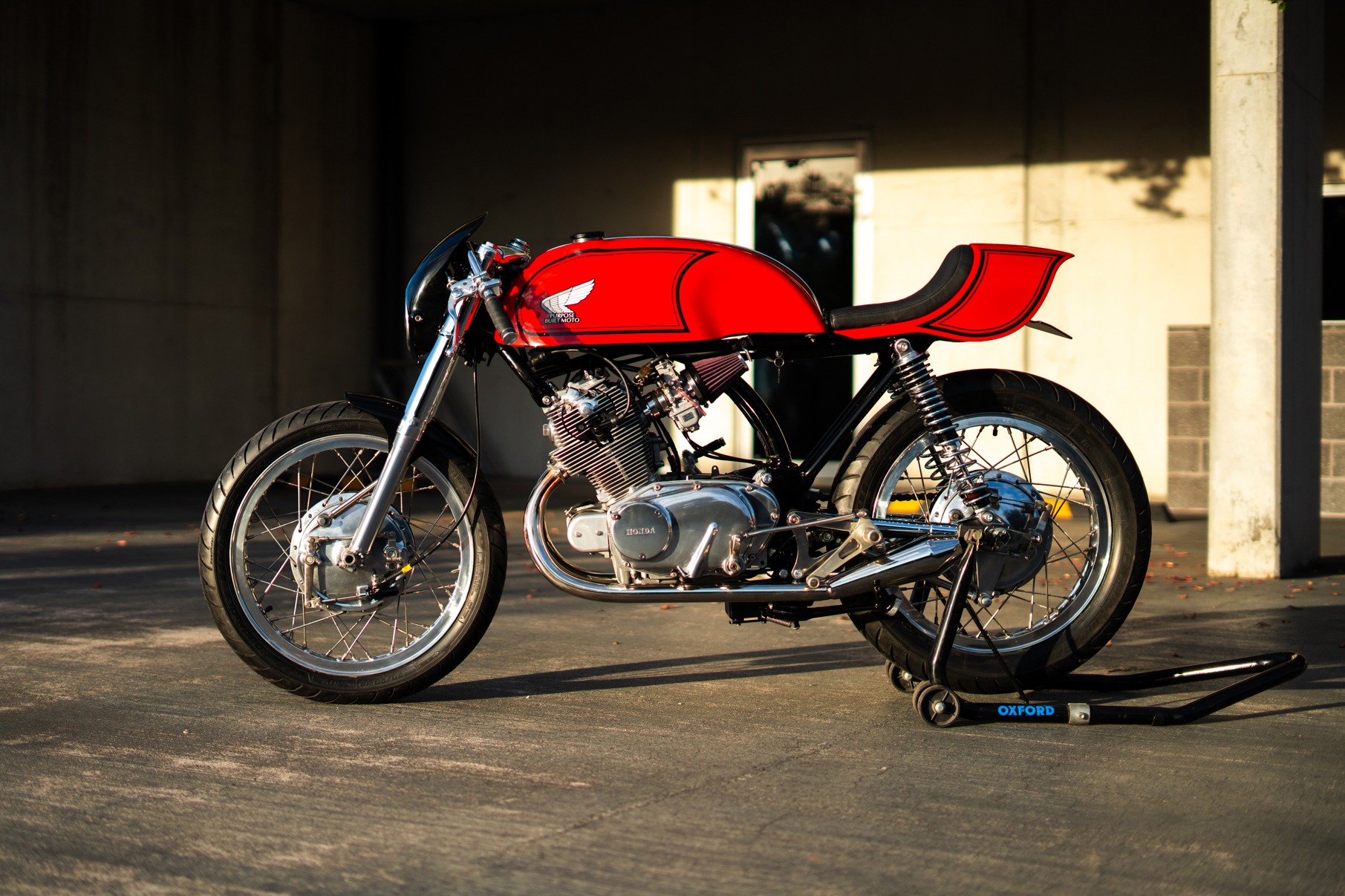 1967 Honda CB77 Super Hawk custom racer revival in red and black by Purpose Built Moto